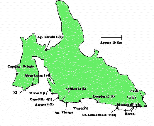map of kefalonia's nesting beaches